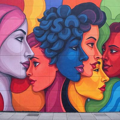 The primary subject of the image is a mural featuring a diverse group of women. The mural is painted on a wall, and the setting is an urban environment. The visual style is a combination of digital art and illustration, creating a vibrant and colorful scene. The dominant colors in the mural are red, blue, yellow, and pink, which contribute to a lively and energetic atmosphere.